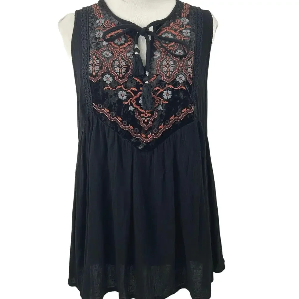 Knox Rose Black Embroidered Boho Tassel Tank Top Small Velvet Yoke - Picture 1 of 8